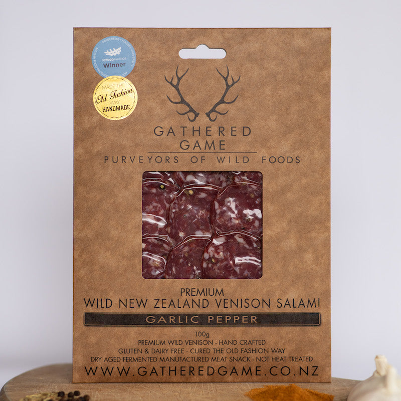 Dry Aged Wild Venison Salami - Garlic pepper 100g Sliced Pack